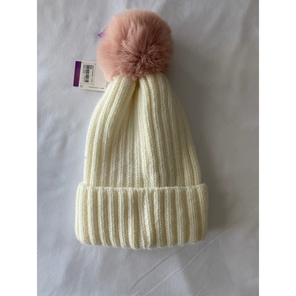 Women Ribbed Knit Pom Beanie Hat Size OS Cream Pink Coquette Winter